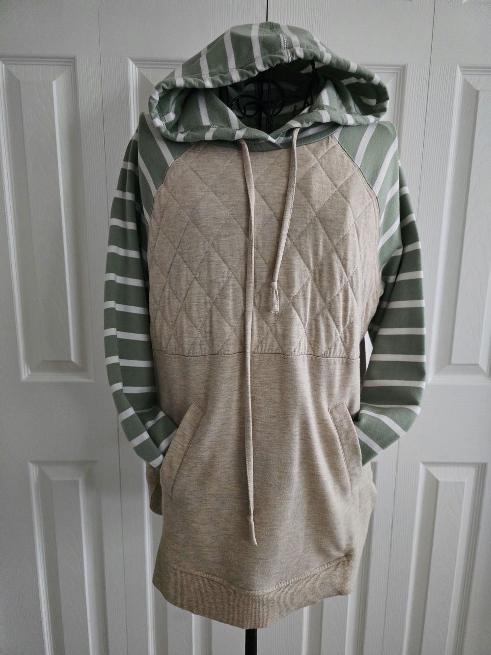 Maurices Quilted Hoodie with Sage Green Striped Sleeves